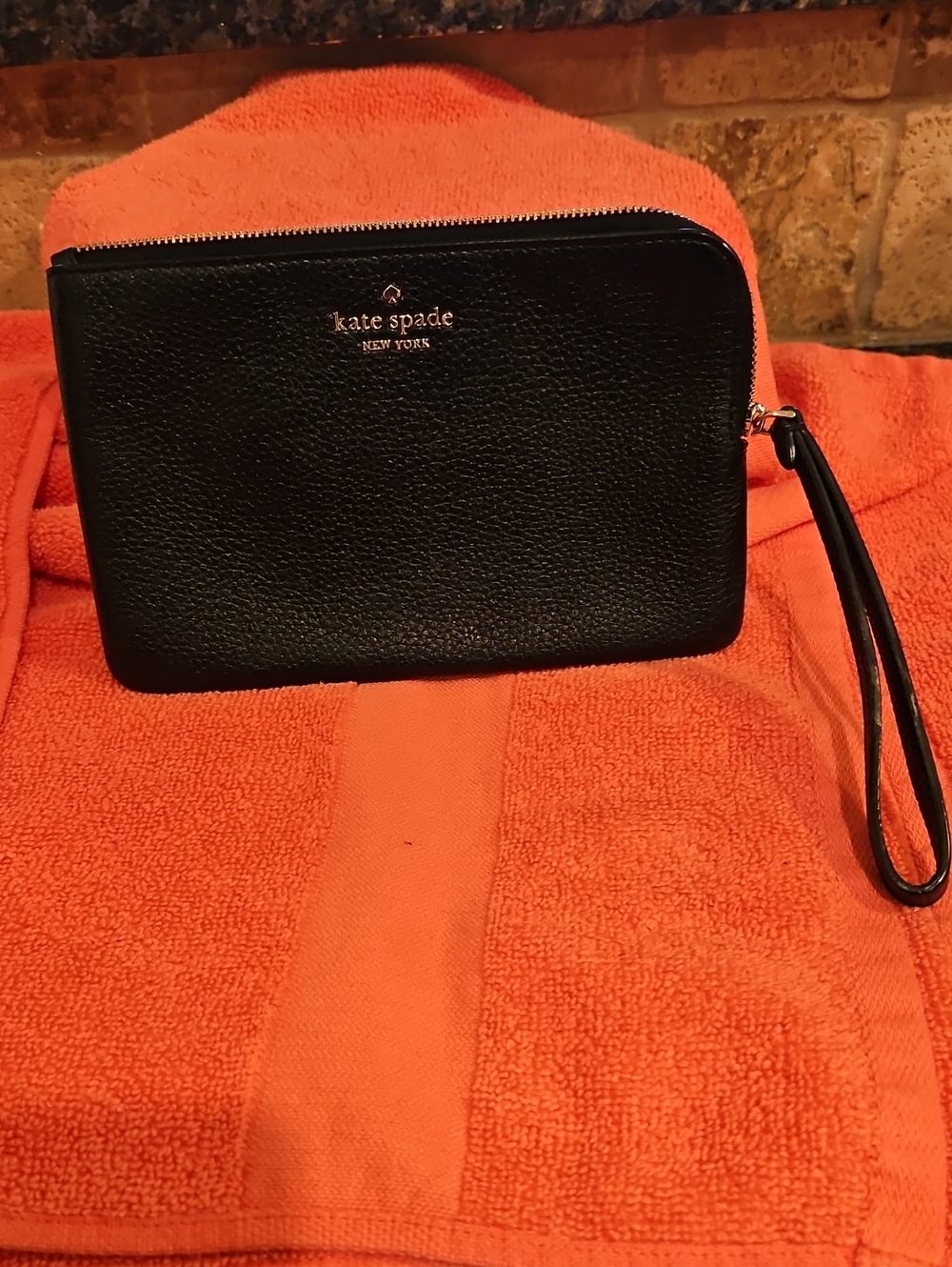 kate spade Black Pebbled Leather Wristlet with Gold Logo